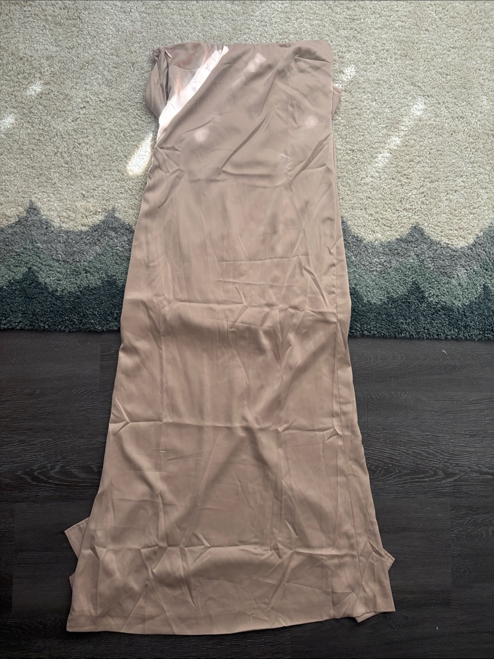 PrettyLittleThing Strapless Satin Dress in Taupe